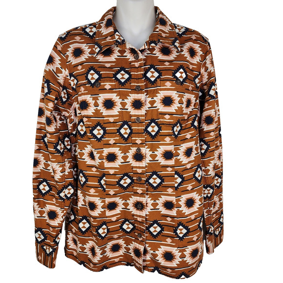 Duluth Shirt Womens Small Orange Flannel Aztec Button Free Swinging Long Sleeve - Picture 1 of 11
